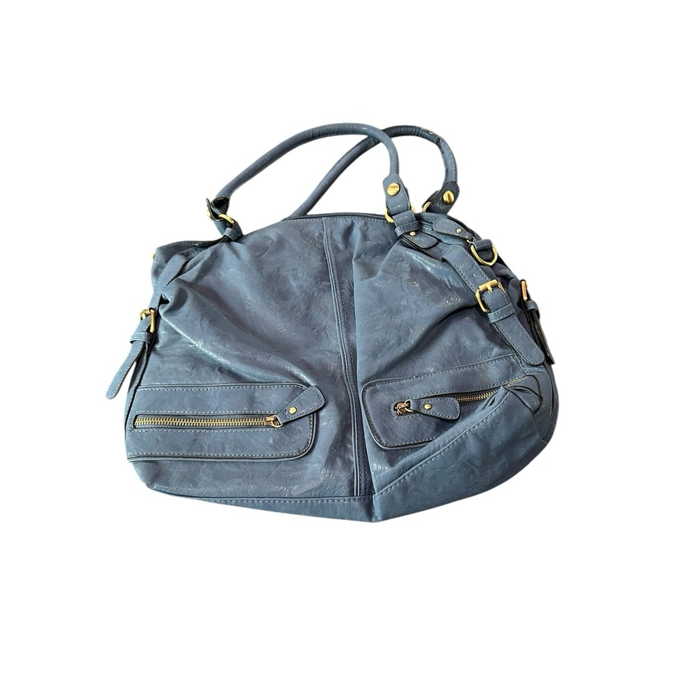 blue faux leather shoulder‎ tote bag duffle purse